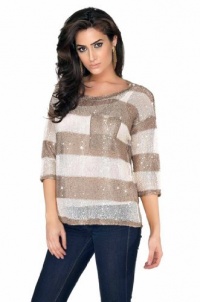 Belldini 3/4 Sleeve Gold & Ivory Colored Striped Knit Fashion Boxy Pullover Top with Sequin Highlights Belldini 3/4 Sleeve Gold & Ivory Colored Striped Knit Fashion Boxy Pullover Top with Sequin Highlights