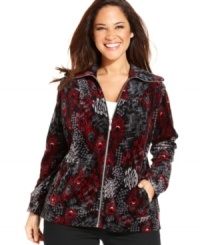 Style&co. Sport's soft, velour plus size jacket features a bold print and easy fit that's perfect for casual days. Style&co. Sport's soft, velour plus size jacket features a bold print and easy fit that's perfect for casual days.