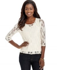 JM Collection's sweet petite lace top goes with everything! Wear it with jeans, pants, skirts and more! JM Collection's sweet petite lace top goes with everything! Wear it with jeans, pants, skirts and more!