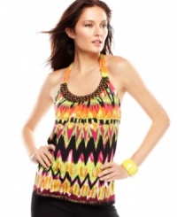 Beaded details and a bright global-inspired print add bold summer style to this Calvin Klein halter tank -- perfect for a day-to-night look! Beaded details and a bright global-inspired print add bold summer style to this Calvin Klein halter tank -- perfect for a day-to-night look!