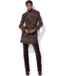 Lauren Ralph Lauren's wide shawl collar and unique fringed details lend modern sophistication so a soft wool-blend jacket. Lauren Ralph Lauren's wide shawl collar and unique fringed details lend modern sophistication so a soft wool-blend jacket.