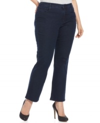 Snag sleek casual style with Jones New York Signature's plus size straight leg jeans, finished by a dark wash and embellished pockets. Snag sleek casual style with Jones New York Signature's plus size straight leg jeans, finished by a dark wash and embellished pockets.