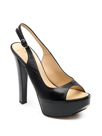 THE LOOKPeep-toeSlingback design with buckle closurePlatform silhouetteTHE FITHeel 5½ (140mm)Platform, 1½ (40mm)Compares to a 4 heel (100mm)THE MATERIALLeatherLeather lining and soleORIGINMade in Italy THE LOOKPeep-toeSlingback design with buckle closurePlatform silhouetteTHE FITHeel 5½ (140mm)Platform, 1½ (40mm)Compares to a 4 heel (100mm)THE MATERIALLeatherLeather lining and soleORIGINMade in Italy