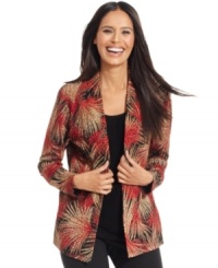 JM Collection's top gives you the look of layers without the fuss. This stellar combination of a printed cardigan and solid-color inset are actually all one piece!