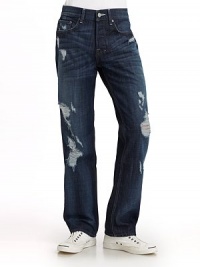 Intensely dark indigo denim is ripped and torn for a stylish revamp, with premium cotton construction and straight leg styling.Mid-width waistband with belt loops Front zipper and button fly Five-pocket style Contrast stitching and logo patch at backpocket Inseam, about 33 Cotton; hand wash or machine wash Imported Intensely dark indigo denim is ripped and torn for a stylish revamp, with premium cotton construction and straight leg styling.Mid-width waistband with belt loops Front zipper and button fly Five-pocket style Contrast stitching and logo patch at backpocket Inseam, about 33 Cotton; hand wash or machine wash Imported
