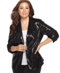 Add shimmer to any outfit with Calvin Klein's sequined plus size jacket-- celebrate the season in style! Add shimmer to any outfit with Calvin Klein's sequined plus size jacket-- celebrate the season in style!