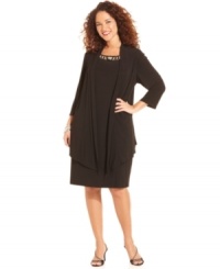 A faux jacket and beaded neckline give this plus size dress from Jones New York unique appeal.