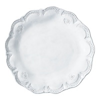 Handmade from Venetian terra marrone, or brown clay, this pretty white dinner plate is embellished with a rustically feminine lace motif. Handmade from Venetian terra marrone, or brown clay, this pretty white dinner plate is embellished with a rustically feminine lace motif.