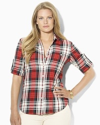 Rendered in soft cotton flannel, a chic shirt is finished with a crisp plaid pattern and optional rolled cuffs for versatile style. Rendered in soft cotton flannel, a chic shirt is finished with a crisp plaid pattern and optional rolled cuffs for versatile style.
