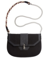 A daring take on the classic crossbody. This versatile silhouette features untamed python print accents with shiny silvertone hardware and a unique braid and chain detailed strap.