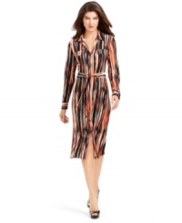 Kasper outfits a must-have silhouette with a striking stripe--this belted shirtdress is a flattering addition to your work wardrobe. Kasper outfits a must-have silhouette with a striking stripe--this belted shirtdress is a flattering addition to your work wardrobe.