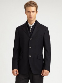 Expect the unexpected with this classically-inspired three-button blazer shaped in the supreme softness of a wool and cashmere blend, featuring a zip-out front vest panel and an additional front ticket pocket.Button-frontNotch lapelChest welt, waist flap pocketsSide vents95% wool/5% cashmereDry cleanMade in Italy Expect the unexpected with this classically-inspired three-button blazer shaped in the supreme softness of a wool and cashmere blend, featuring a zip-out front vest panel and an additional front ticket pocket.Button-frontNotch lapelChest welt, waist flap pocketsSide vents95% wool/5% cashmereDry cleanMade in Italy