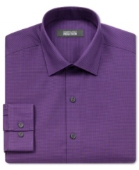 A slim-fit and gingham pattern make this slim-fit Kenneth Cole Reaction dress shirt an obvious office go-to. A slim-fit and gingham pattern make this slim-fit Kenneth Cole Reaction dress shirt an obvious office go-to.