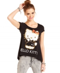 With its statement-making prints and fun cutout design at the back, this high-low top from Hello Kitty is overflowing with cuteness. With its statement-making prints and fun cutout design at the back, this high-low top from Hello Kitty is overflowing with cuteness.