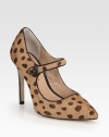 Leopard-print calf hair pumps up this sexy Mary Jane silhouette with contrast leather trim and a timeless point toe. Stacked heel, 4 (100mm)Leopard-print calf hair upper with leather trimPoint toeLeather button closureLeather lining and solePadded insoleImported