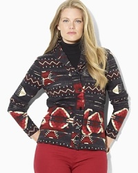 A heritage shawl-collar cardigan is rendered in a soft fleece for comfort and style. A heritage shawl-collar cardigan is rendered in a soft fleece for comfort and style.