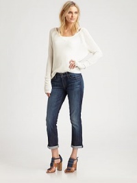 Ultra-soft denim with amazing elasticity, cropped at mid-ankle with a tack-and-roll cuff bottom.THE FITSkinny fitRise, about 7¾Inseam, about 23THE DETAILSZip flyFive-pocket style98% cotton/2% spandexMachine washMade in USA of imported fabricModel shown is 5'9 (175cm) wearing US size 4. Ultra-soft denim with amazing elasticity, cropped at mid-ankle with a tack-and-roll cuff bottom.THE FITSkinny fitRise, about 7¾Inseam, about 23THE DETAILSZip flyFive-pocket style98% cotton/2% spandexMachine washMade in USA of imported fabricModel shown is 5'9 (175cm) wearing US size 4.