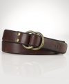 A nod to vintage work-wear, this burnished leather belt features an oxidized brass double-ring closure for vintage appeal.