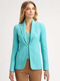 Crafted in a lightweight Italian wool, this sleek, easy style lends a sophisticated pop of color to any look.Notched lapelsHook-and-eye closureVented cuffsPartially linedAbout 27 from shoulder to hemWoolDry cleanMade in Switzerland of Italian fabricModel shown is 5'10 (177cm) wearing US size 4. Crafted in a lightweight Italian wool, this sleek, easy style lends a sophisticated pop of color to any look.Notched lapelsHook-and-eye closureVented cuffsPartially linedAbout 27 from shoulder to hemWoolDry cleanMade in Switzerland of Italian fabricModel shown is 5'10 (177cm) wearing US size 4.