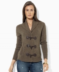 Knit in soft combed cotton, Lauren Ralph Lauren's heritage-inspired petite cardigan is finished with a shawl collar and handsome faux-leather toggles at the placket. Knit in soft combed cotton, Lauren Ralph Lauren's heritage-inspired petite cardigan is finished with a shawl collar and handsome faux-leather toggles at the placket.