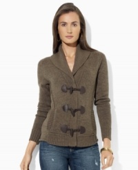 Knit in soft combed cotton, Lauren Ralph Lauren's heritage-inspired petite cardigan is finished with a shawl collar and handsome faux-leather toggles at the placket.