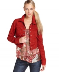 The classic jean jacket by Lucky Brand Jeans gets a stylish makeover with a red wash and cropped hem!
