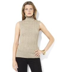 Lauren Ralph Lauren's figure-flattering sleeveless blouse reminiscent of Victorian style receives romantic refinement from a sleek cutaway pattern, a ruffled collar and interwoven Lurex® Lauren Ralph Lauren's figure-flattering sleeveless blouse reminiscent of Victorian style receives romantic refinement from a sleek cutaway pattern, a ruffled collar and interwoven Lurex®
