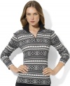 Lauren Ralph Lauren's soft waffle-knit cotton top is a festive choice for the season, crafted with an allover Fair Isle pattern and a zippered mockneck.
