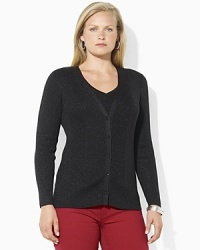 Lustrous jeweled buttons light up the front of a slim-fitting cardigan in sparkling ribbed cotton blend. Lustrous jeweled buttons light up the front of a slim-fitting cardigan in sparkling ribbed cotton blend.