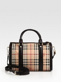 An iconic, haymarket check print on coated canvas accented with smooth leather trim.Double leather top handles, 4 dropDetachable adjustable leather shoulder strap, 22-25 dropTop zip closureProtective metal feetOne inside zip pocketTwo inside open pocketsCotton lining12½W X 8H X 6½DImported An iconic, haymarket check print on coated canvas accented with smooth leather trim.Double leather top handles, 4 dropDetachable adjustable leather shoulder strap, 22-25 dropTop zip closureProtective metal feetOne inside zip pocketTwo inside open pocketsCotton lining12½W X 8H X 6½DImported