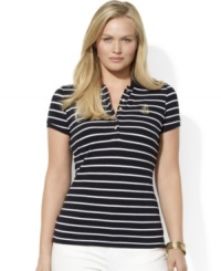 Rendered in soft stretch cotton mesh, Lauren Ralph Lauren's classic plus size polo shirt is designed with a chic five-button placket and accented with an embroidered crest. Rendered in soft stretch cotton mesh, Lauren Ralph Lauren's classic plus size polo shirt is designed with a chic five-button placket and accented with an embroidered crest.