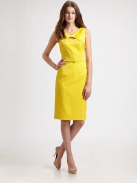 Chic and impeccably tailored, featuring an intriguing twist front and a slender self belt.Twist-front neckline with cutout detailSleevelessPrincess seamsSelf belt with covered buckleConcealed back zipAbout 26 from natural waist54% polyester/46% rayonDry cleanMade in USA of imported fabricModel shown is 5'10 (177cm) wearing US size 4.OUR FIT MODEL RECOMMENDS ordering true size. Chic and impeccably tailored, featuring an intriguing twist front and a slender self belt.Twist-front neckline with cutout detailSleevelessPrincess seamsSelf belt with covered buckleConcealed back zipAbout 26 from natural waist54% polyester/46% rayonDry cleanMade in USA of imported fabricModel shown is 5'10 (177cm) wearing US size 4.OUR FIT MODEL RECOMMENDS ordering true size.