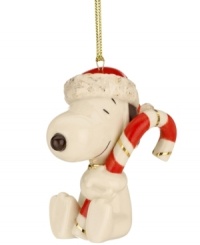 Adorable Snoopy poses with a festive candy cane and glittering Santa hat in this lovely porcelain ornament from Lenox. With gold hanging thread. Adorable Snoopy poses with a festive candy cane and glittering Santa hat in this lovely porcelain ornament from Lenox. With gold hanging thread.