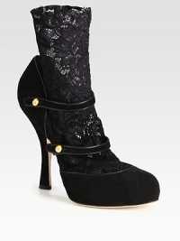 A Mary Jane suede platform pump is transformed when paired with semi-sheer floral lace, goldtone hardware and leather trim. Self-covered heel, 4¾ (120mm)Hidden platform, ½ (15mm)Compares to a 4¼ heel (110mm)Suede and lace upper with leather trimButton ankle strapsLeather lining and solePadded insoleMade in Italy