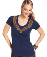 Embroidered stud details elevate this Lucky Brand Jeans tee for a stylish casual look -- pair it with your fave fall denim! Embroidered stud details elevate this Lucky Brand Jeans tee for a stylish casual look -- pair it with your fave fall denim!