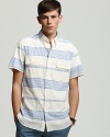 Shades of Grey by Micah Cohen Woven Stripe Short Sleeve Sport Shirt - Slim Fit