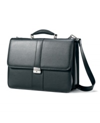 A casual construction with a luxurious pebble grain leather finish. A flapover opening features locking hardware and reveals ample storage space for all of your everyday essentials. 3-year warranty. A casual construction with a luxurious pebble grain leather finish. A flapover opening features locking hardware and reveals ample storage space for all of your everyday essentials. 3-year warranty.
