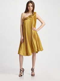 Delicately pleated satin, featuring a ruffled neckline, is articulated in striking asymmetrical shape.One-shoulder top Side zip About 22 from natural waist Polyester; dry clean Imported Delicately pleated satin, featuring a ruffled neckline, is articulated in striking asymmetrical shape.One-shoulder top Side zip About 22 from natural waist Polyester; dry clean Imported