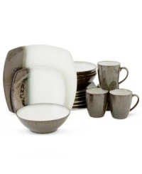 Contemporary cool. The Metallic Black dinnerware set from Sango combines softly squared plates with simple bowls and mugs to create a look of effortless everyday style. Contemporary cool. The Metallic Black dinnerware set from Sango combines softly squared plates with simple bowls and mugs to create a look of effortless everyday style.