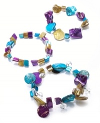This set of 3 stackable bracelets add a vibrant touch to your day with colorful shell accents. Crafted in hematite tone mixed metal. Approximate length: 7 inches. This set of 3 stackable bracelets add a vibrant touch to your day with colorful shell accents. Crafted in hematite tone mixed metal. Approximate length: 7 inches.