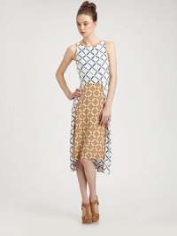 An eye-popping print on colorblock silk crepe-de-chine, impeccably tailored in this season's must-have midi silhouette.Jewel necklineSleevelessSet-in waistPaneled skirtAsymmetrical hemModified racerbackCenter back zipperAbout 31 from natural waistSilkDry cleanImportedModel shown is 5'9 (175cm) wearing US size 4. An eye-popping print on colorblock silk crepe-de-chine, impeccably tailored in this season's must-have midi silhouette.Jewel necklineSleevelessSet-in waistPaneled skirtAsymmetrical hemModified racerbackCenter back zipperAbout 31 from natural waistSilkDry cleanImportedModel shown is 5'9 (175cm) wearing US size 4.
