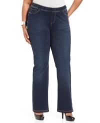 Be comfortably chic with Seven7 Jeans' plus size bootcut jeans, featuring an elastic waist. Be comfortably chic with Seven7 Jeans' plus size bootcut jeans, featuring an elastic waist.