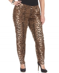 Answer the call of the wild with Seven7 Jeans' plus size skinnies, featuring a leopard-print!