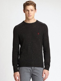 Classic crewneck sweater is impeccably knitted in a rich wool and cotton blend with contrasting donegal details, accented with an embroidered penguin detail at the chest.CrewneckRibbed knit collar, cuffs and hemWool/cotton/acrylicDry cleanImported Classic crewneck sweater is impeccably knitted in a rich wool and cotton blend with contrasting donegal details, accented with an embroidered penguin detail at the chest.CrewneckRibbed knit collar, cuffs and hemWool/cotton/acrylicDry cleanImported