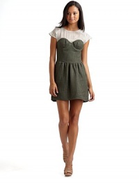 THE LOOKScoop neckline Sheer yoke Cap sleeves Tweed bustier body Underwire cups with side boning Pleated skirt Back zipperTHE FITAbout 31 from shoulder to hemTHE MATERIAL60% acrylic/25% polyester/15% rayon Contrast: 60% linen/40% silkCARE & ORIGINDry clean Imported THE LOOKScoop neckline Sheer yoke Cap sleeves Tweed bustier body Underwire cups with side boning Pleated skirt Back zipperTHE FITAbout 31 from shoulder to hemTHE MATERIAL60% acrylic/25% polyester/15% rayon Contrast: 60% linen/40% silkCARE & ORIGINDry clean Imported