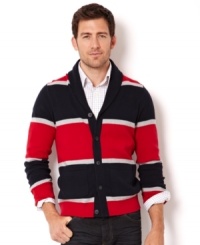 Dress in quintessential fall style with this striped shawl collar cardigan from Nautica. Dress in quintessential fall style with this striped shawl collar cardigan from Nautica.