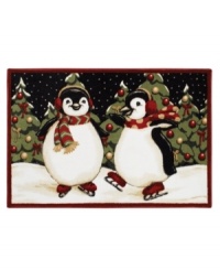 Bundled up for the winter weather, these ice-skating penguins are having a jolly good time! Shaw's holiday rug adds a fun touch to your decor, constructed of recyclable nylon that adds a wonderful look to any room without the extra impact on mother nature. Bundled up for the winter weather, these ice-skating penguins are having a jolly good time! Shaw's holiday rug adds a fun touch to your decor, constructed of recyclable nylon that adds a wonderful look to any room without the extra impact on mother nature.