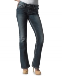 Silver Jeans turns up the sophistication with a pair of dark wash bootcut denim that belongs in every girl's closet. A wardrobe must thanks to the style's chic versatility! Silver Jeans turns up the sophistication with a pair of dark wash bootcut denim that belongs in every girl's closet. A wardrobe must thanks to the style's chic versatility!