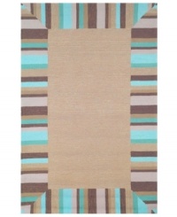Beachy-keen! Pretty stripes in tropical hues border this casually stylish indoor/outdoor rug from the Tommy Bahama Beachcomber collection. Durable, fade-resistant fibers are hand-hooked to create a richly layered surface, making the rug a perfect accent in any high-traffic area. Hose off for easy cleaning.