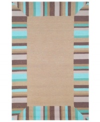 Beachy-keen! Pretty stripes in tropical hues border this casually stylish indoor/outdoor rug from the Tommy Bahama Beachcomber collection. Durable, fade-resistant fibers are hand-hooked to create a richly layered surface, making the rug a perfect accent in any high-traffic area. Hose off for easy cleaning. Beachy-keen! Pretty stripes in tropical hues border this casually stylish indoor/outdoor rug from the Tommy Bahama Beachcomber collection. Durable, fade-resistant fibers are hand-hooked to create a richly layered surface, making the rug a perfect accent in any high-traffic area. Hose off for easy cleaning.